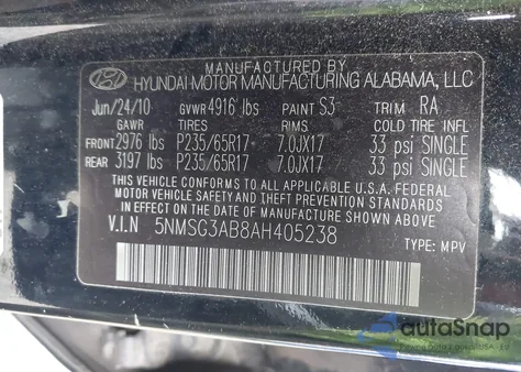 2010 Hyundai Santa Fe Gls из США, поврежденный, VIN 5NMSG3AB8AH405238